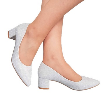 SREBRNE BROKATOWE ELEGANCKIE BUTY CZÓŁENKA NA SŁUPKU 5 cm 37