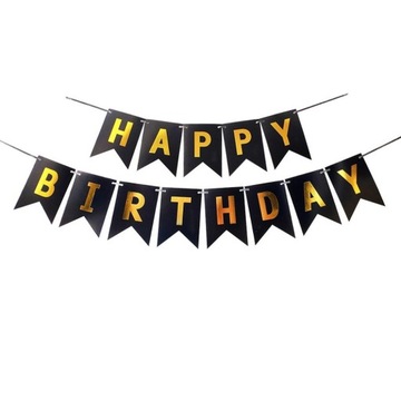 GIRLANDA BANER FLAGI CZARNA HAPPY BIRTHDAY Wstążka