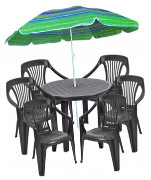6+1 OGRODOWY GRAFIT ZESTAW PLASTIKOWY KRZESŁA PIRYT STÓŁ OKRĄGŁY + PARASOL