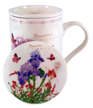 KUBEK Z ZAPARZACZEM CERAMICZNYM I POKRYWKĄ ZAPARZACZ W KWIATY 320ML PREZENT