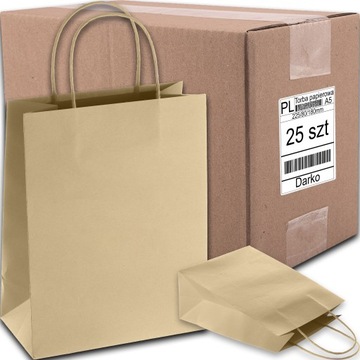 TORBA PAPIEROWA BRĄZOWA A5 225/80/180 25 SZT TOREBKA EKO NA PREZENT