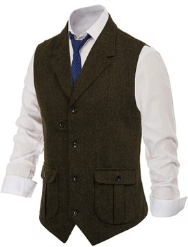 Mens Suit Brown Vest Lapel Wool Herringbone Retro