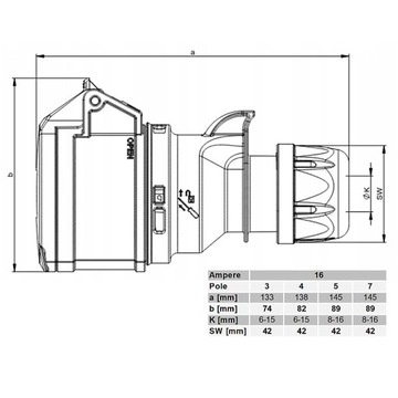 Przejściówka, adapter siłowy 32A na 16A 2m