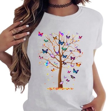 KOSZULKA T-SHIRT DAMSKI NADRUK DRZEWO MOTYLE