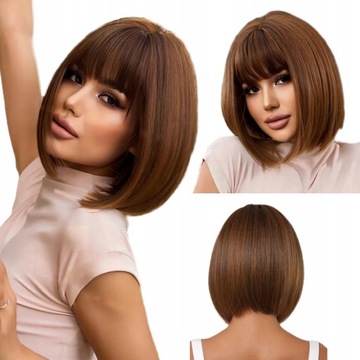 Peruka Damska Peruki Brąz Bob Półdługie Włosy Naturalny 31cm + Wig Cap