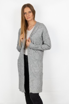 New Look Długi Kobiecy Luźny Szary Sweter Narzutka Kieszenie z Wełną 48