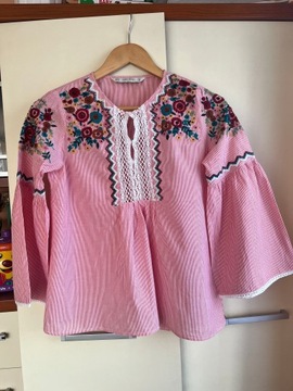 34 XS Zara haftowana bluzka w paski prążek etno boho