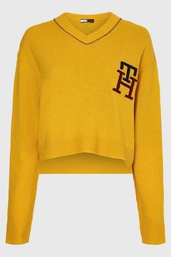 Sweter damski Tommy Hilfiger krótki wełniany musztardowy modny luźny r. XXL