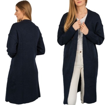 New Look Długi Kobiecy Luźny Granatowy Sweter Narzutka Kieszenie z Wełną 48