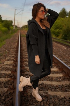 ДЛИННОЕ ПАЛЬТО ИЗ АЛЬПАКИ С КАПЮШОНОМ, oversize, ЧЕРНОЕ