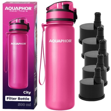 Butelka filtrująca Bidon AQUAPHOR City 500 ml RÓŻOWA Zestaw 5 wkładów