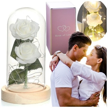 БЕЛАЯ ДВОЙНАЯ ИСКУССТВЕННАЯ ВЕЧНАЯ РОЗА В СТЕКЛЯНЕ КУПОЛ В СТЕКЛЕ LED ПОДАРОК