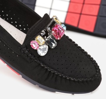 MOKASYNY DAMSKIE BALERINY KAMIENIE CZARNE SKÓRA 38