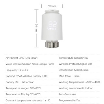 УМНАЯ ТЕРМОСТАТИЧЕСКАЯ ГОЛОВКА ZIGBEE TUYA 1X