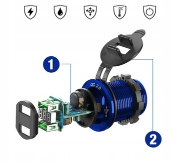 ЗАРЯДНОЕ УСТРОЙСТВО ДЛЯ МОТОЦИКЛА 2x USB QC3.0 ВОЛЬТМЕТР 3A N