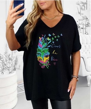 T-SHIRT KOSZULKA BAWEŁNA PIÓRKO MOTYLKI PLUS SIZE V dekolt 2XL-5XL T54