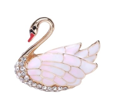 BROSZKA OZDOBNA BIŻUTERIA SPINKA ŁABĘDŹ CYRKONIE DIAMENT BIAŁO-RÓŻOWA 4 cm