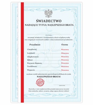 ŚWIADECTWO Z PASKIEM PREZENT DLA BRATA NAJLEPSZY BRAT ŻYCZENIA A4 MAT
