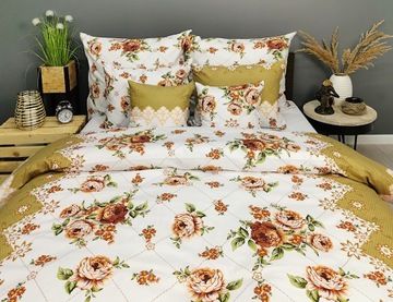Komplet 100% bawełna PREMIUM 220x200 herbaciane beżowe róże bok oliwka cudo