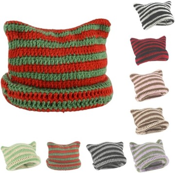 Женская вязаная шапка-бини в полоску, Y2K Готическая вязаная крючком шапка с кошачьими ушками,