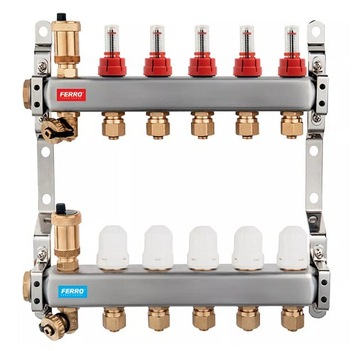 Rozdzielacz do podłogówki 9 obwodów INOX z adapterami SN-RZP09S FERRO