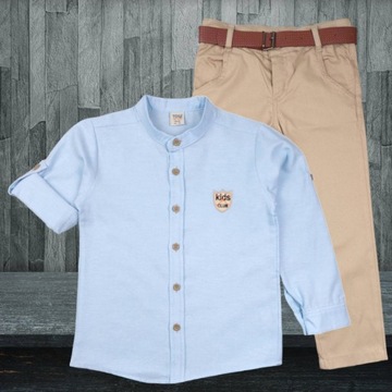 Деловой костюм, рубашка, воротник-стойка, брюки, ремень, размер 128.