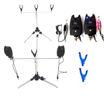 ROD POD STOJAK NA WĘDKI 2 SYGNALIZATORY 2 HANGERY + WIDEŁKI DO PODPÓRKI x 2