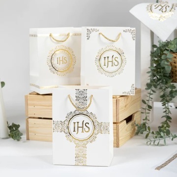 Маленький подарочный пакетик для причастия IHS, бело-золотой
