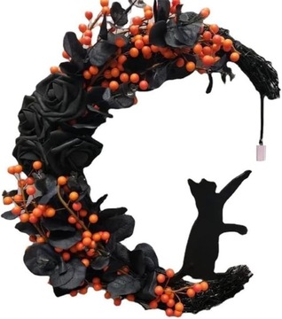 WIENIEC KSIĘŻYC WINOROŚLOWY CZARNY KOT HALLOWEEN DRZWI WISZĄCE OZDOBY 30CM