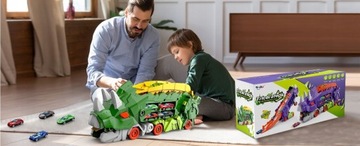 DUŻY Ciężarówka Dinozaur 65cm TIR AUTO AUTKA TOR SAMOCHODOWY Z 4 Samochody
