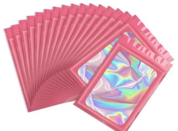 Woreczki strunowe torebki foliowe okienko holograficzne różowe 7.5x12cm