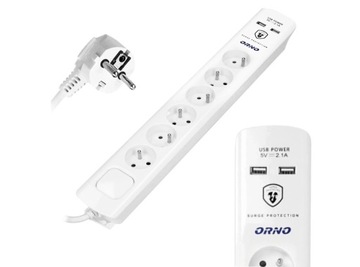 Przedłużacz listwowy Orno 3 m 6 szt. gniazd + 2xUSB 2,1A