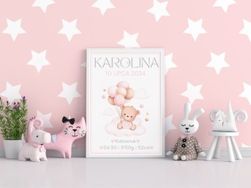 METRYCZKA dla dziewczynki PLAKAT RAMKA RÓŻNE WZORY Narodziny Chrzest Roczek