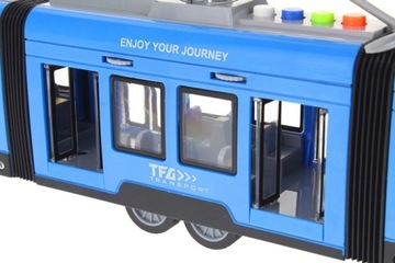 Сочлененный трамвай с синей подсветкой и звуковой дверью