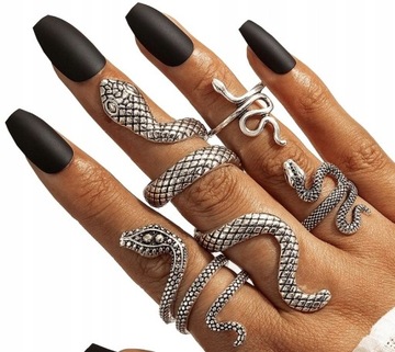 Komplet pierścionków srebrnych Metalowe Antyczne Srebro Punkowe węże snake