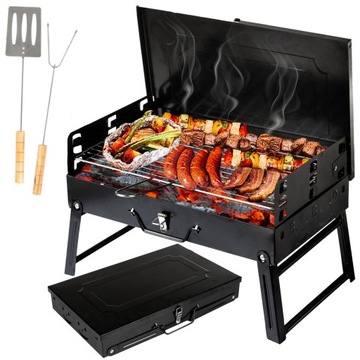 GRILL WĘGLOWY OGRODOWY PRZENOŚNY TURYSTYCZNY WALIZKA + RUSZT + AKCESORIA