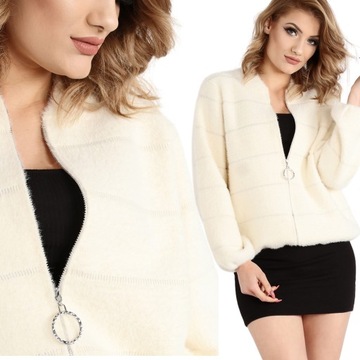 BOMBERKA SWETER WEŁNA ALPAKA DAMSKA MODNA KRÓTKA CIEPŁA ELEGANCKA ECRU 1922