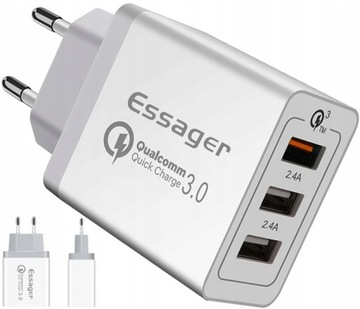 Szybka ładowarka sieciowa zasilacz 30W 1x USB QC3 2xUSB 2.4A 100-240V Biała