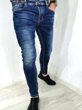 Spodnie męskie jeans granat wycierane slim VB 32