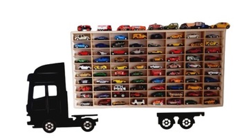 PÓŁKA NA AUTKA ORGANIZER HOT WHEELS 80 PRZEGRÓDEK DREWNO + CIĘŻARÓWKA