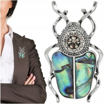 Elegancka broszka skarabeusz żuk z masą perłową srebrna z cyrkoniami pin