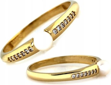 Pierścionek złoty 585 wyjątkowy styl zdobiony perłą i cyrkoniami r17 modny