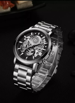 Zegarek męski luksusowy biznes elegancki czarny złoty bransoleta KOLORY