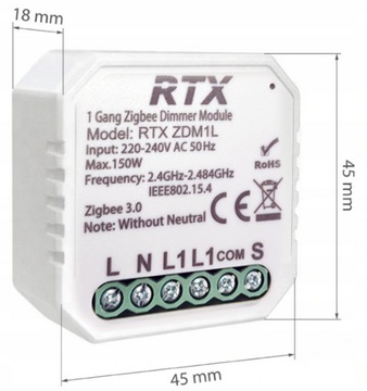 Модуль диммера для скрытого монтажа RTX, 1 цепь, ZigBee TUYA #без N