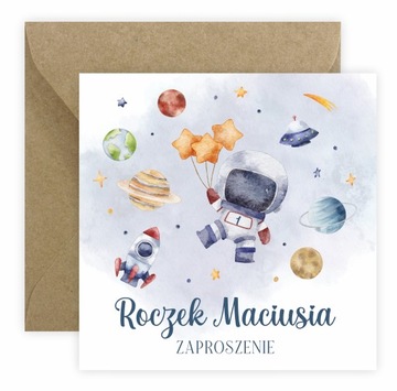 ZAPROSZENIA NA ROCZEK + IMIĘ + KOPERTA Kosmonauta