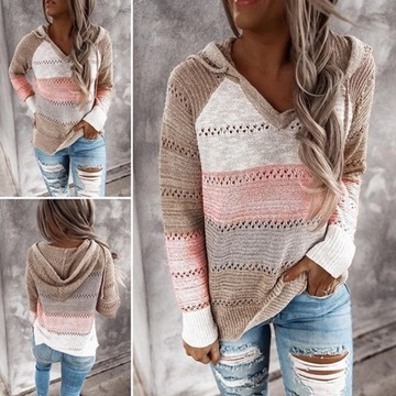 Autumn Patchwork Hooded Sweater Women Casual Long