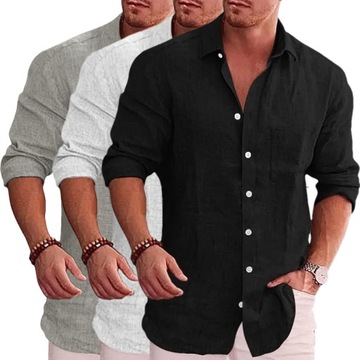 MĘSKA PRZEWIEWNA KOSZULA LNIANA CASUAL KOSZULA DŁUGI RĘKAW Z GUZIKAMI 3PCS