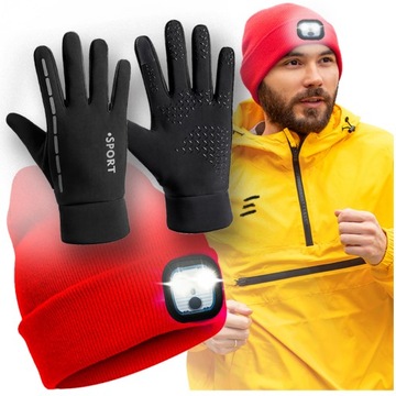 Czapka DLA MĘŻA CHŁOPAKA Z ODBLASKIEM ŚWIATEŁKIEM LED+RĘKAWICZKI DOTYKOWE