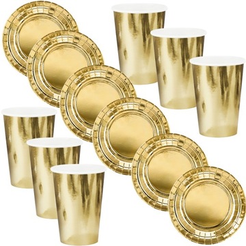 TALERZYKI PAPIEROWE + KUBECZKI URODZINY ZŁOTE GOLD 18cm 6+6
