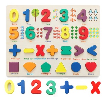 Układanka drewniana sorter puzzle do nauki liczb cyfr angielskiego 3+